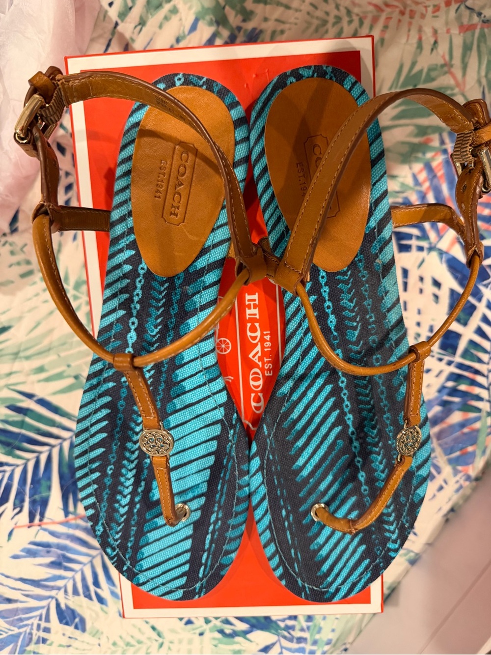 COACH Turquoise & Navy Patterned T-Strap Sandals with Tan Leather